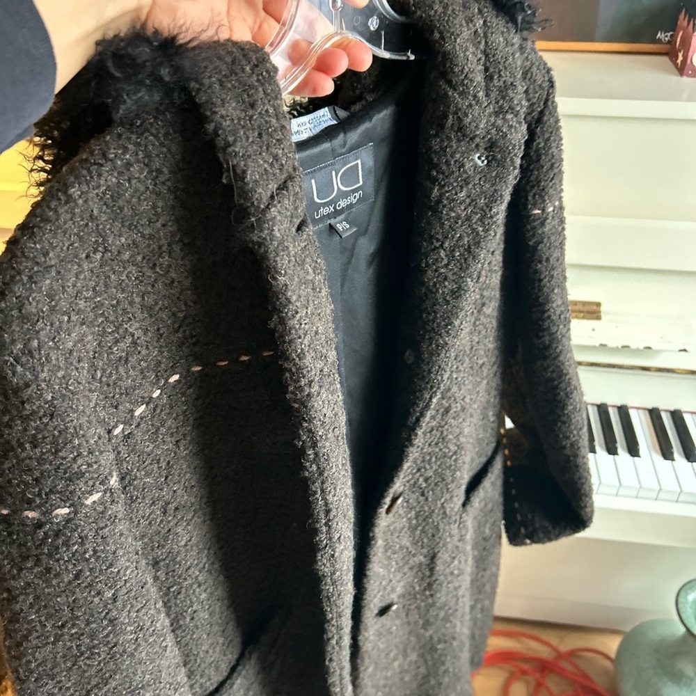 Utex Design Wool Blend Boucle Hooded Coat S Brown Black Trim Made in Romania - Picture 4 of 12